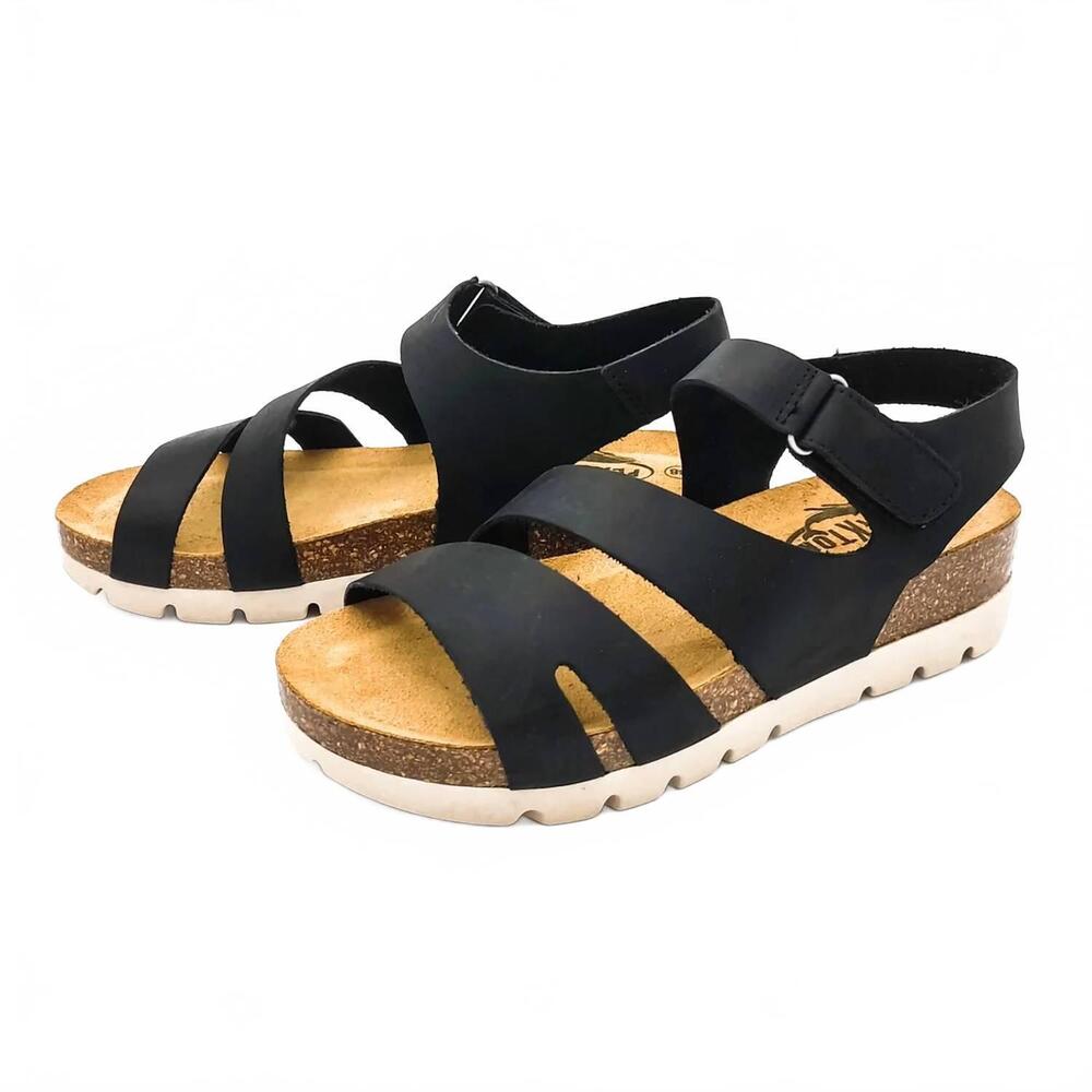 NEW PLAKTON women's comodoro leather wedge sandals in black